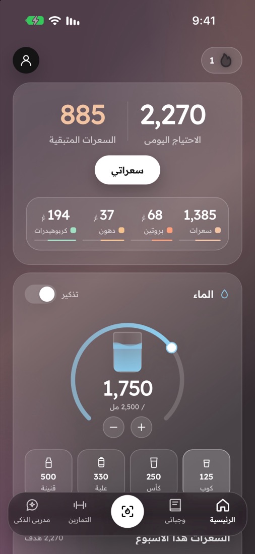 الرئيسية في مكيال: الاحتياج اليومي 2,270 سعرة والمتبقي 885، والماء 1,750 مل